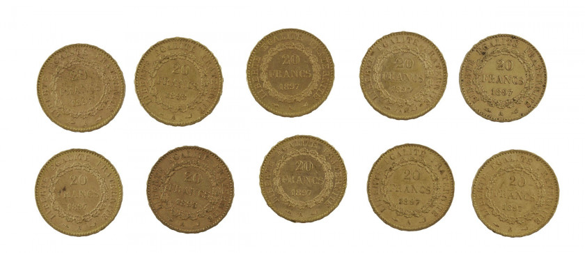 FRANCE 20 Francs. Génie. 8 p. 1897, 2 p. 1898. Ensemble de 10 pièces or. Poids : 64.16 g.