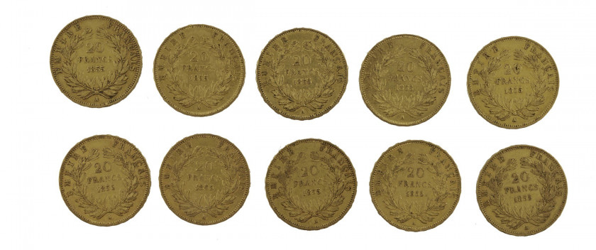 FRANCE 20 Francs. Napoléon III, Tête nue. 10 pièces or de 1855. Poids : 63.85 g.