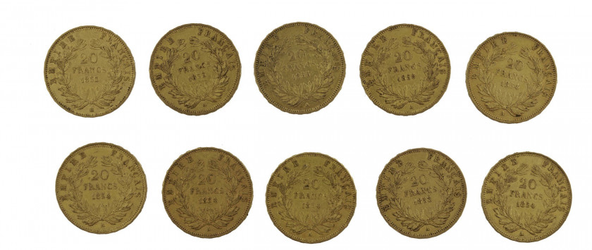 FRANCE 20 Francs. Napoléon III, Tête nue. 5 p. 1854, 3 p. 1855, 2 p. 1853. Ensemble de 10 pièces or. Poids : 63.80 g.