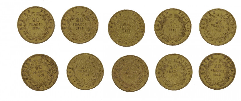 FRANCE 20 Francs. Napoléon III, Tête nue. 6 p. 1853, 4 p. 1858. Ensemble de 10 pièces or. Poids : 63.82 g.