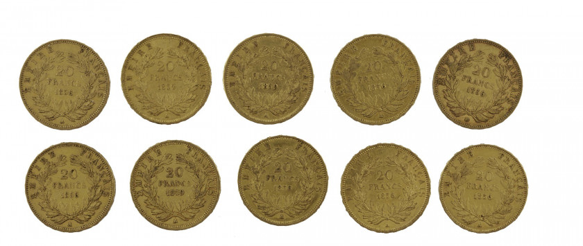 FRANCE 20 Francs. Napoléon III, Tête nue. 7 p. 1856, 3 p. 1859. Ensemble de 10 pièces or. Poids : 63.89 g.