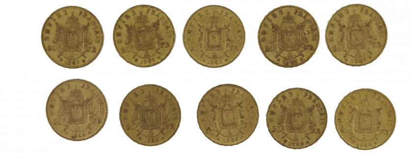 FRANCE 20 Francs. Napoléon III, Tête laurée. 10 pièces or de 1869. Poids : 64.05 g.