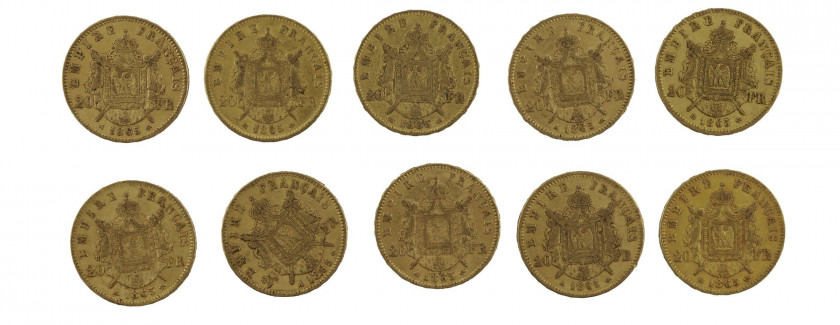 FRANCE 20 Francs. Napoléon III, Tête laurée. 10 pièces or de 1865. Poids : 63.93 g.