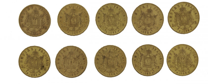 FRANCE 20 Francs. Napoléon III, Tête laurée. 7 p. 1863, 2 p. 1864, 1 p. 1865. Ensemble de 10 pièces or. Poids : 63.99 g.