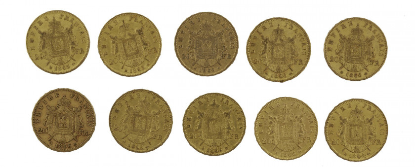 FRANCE 20 Francs. Napoléon III, Tête laurée. 2 p; 1865, 8 p. 1866. Ensemble de 10 pièces or. Poids : 63.98 g.