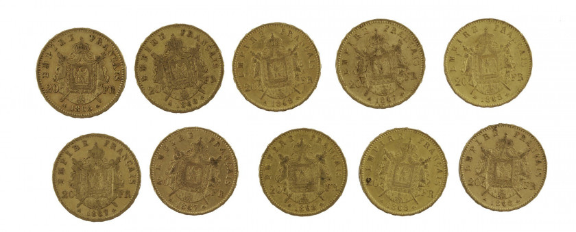 FRANCE 20 Francs. Napoléon III, Tête laurée. 1 p. 1866, 3 p. 1864, 6 p. 1868. Ensemble de 10 pièces or. Poids : 64.04 g.