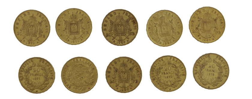 FRANCE 20 Francs. Napoléon III, Tête laurée, 1 p. 1868, 3 p. 1869, 2 p. 1870 ; Louis Napoléon, 5 p. 1852. Ensemble de 10 pièces or...