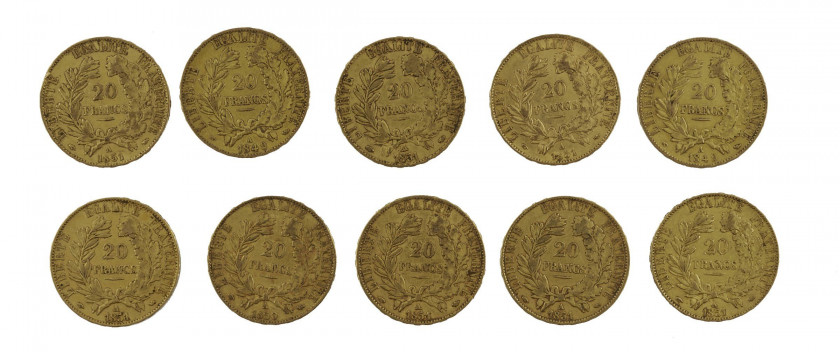 FRANCE 20 Francs. Cérès. 2 p. A1849, 1 p. A1850, 7 p. A1851. Ensemble de 10 pièces or. Poids : 63.88 g.