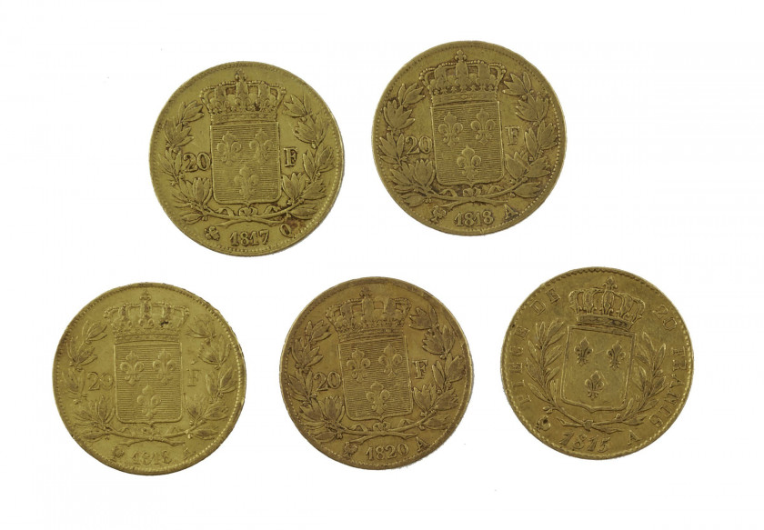 FRANCE 20 Francs. Louis XVIII. 1 p. 1815, 1 p. 1817, 2 p. 1818, 1 p. 1820. Ensemble de 5 pièces or. Poids : 31.78 g.