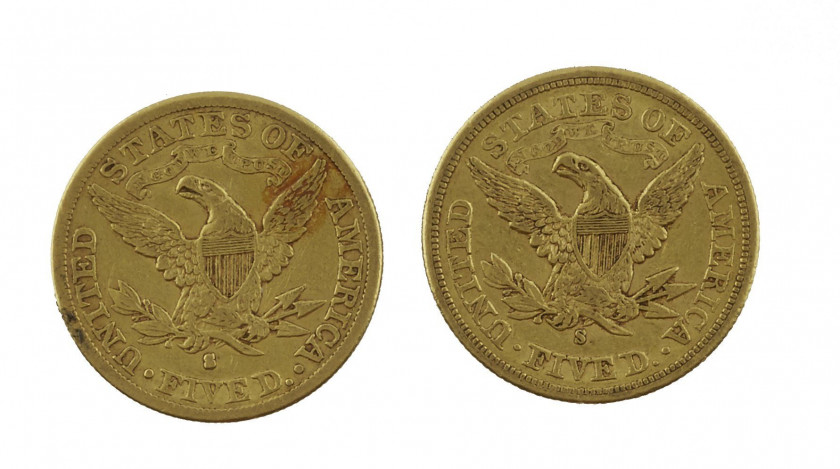 USA 5 dollars. Liberty. 1 p. 1880, 1 p. 1886. Ensemble de 2 pièces or. Poids : 16.58 g.