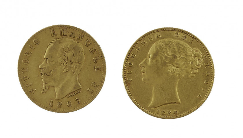 ANGLETERRE Souverain or 1864 ITALIE Victorio Emanuele or 1865. Ensemble de 2 pièces or. Poids : 14.32 g.