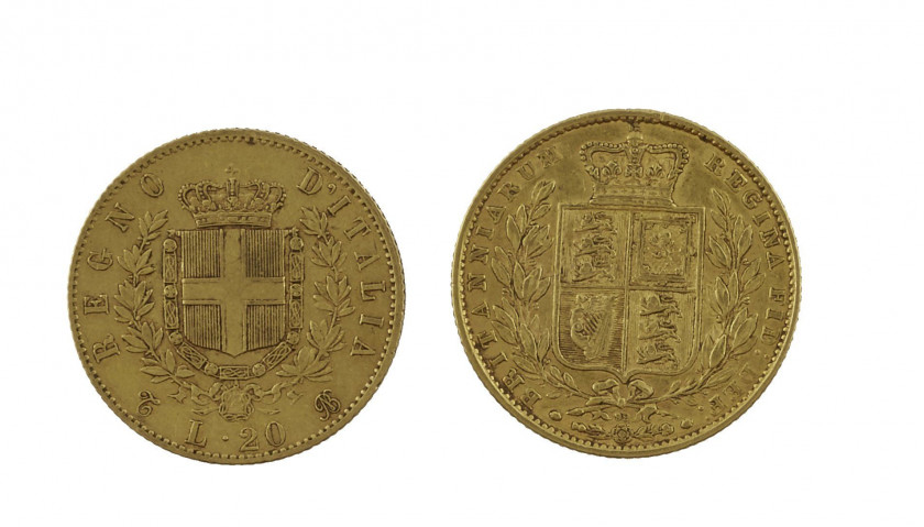 ANGLETERRE Souverain or 1864 ITALIE Victorio Emanuele or 1865. Ensemble de 2 pièces or. Poids : 14.32 g.