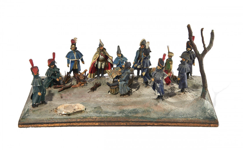 R. ANOT " Bivouac de Napoléon sur le champ de bataille de Wagram ". Diorama de douze piétons. BE. 28 x 16 cm.