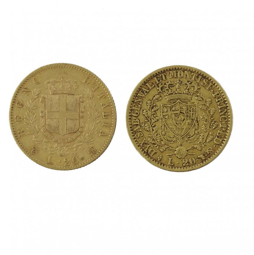 CHARLES FELIX 20 lire. Turin. 1828. (FR. 1136). VICTOR EMMANUEL II (1861-1878). 20 lire. Turin. 1863. (Fr. 11). Or. Ens. 2 p. Très B...