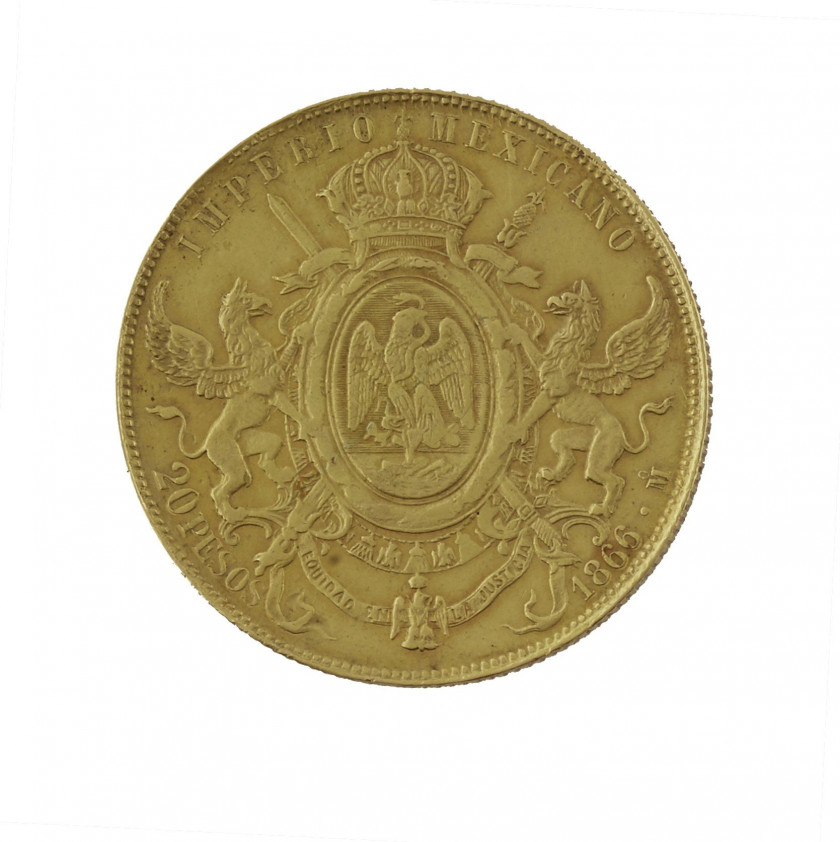 MEXIQUE. MAXIMILIEN (1864-1867). 20 pesos. 1866. Mexico. (Fr. 62). Or. Raies sinon Très Beau.