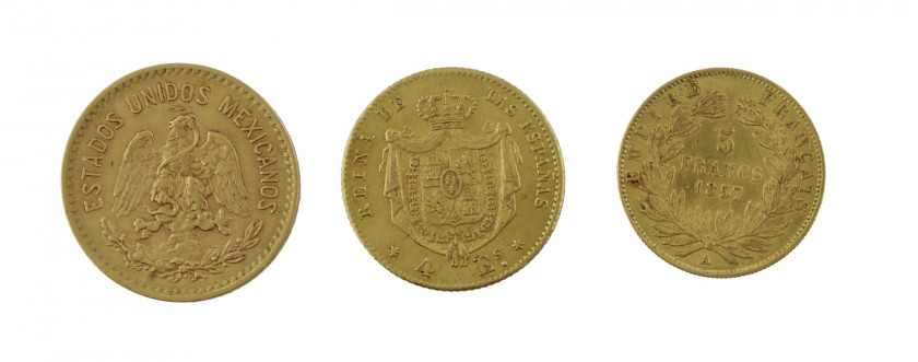 5 pesos. 1920. (Fr. 168). ESPAGNE. ISABELLE II (1833-1868). 4 escudos. 1867. Madrid. (Fr. 337). FRANCE. NAPOLEON III (1852-1870). 5...