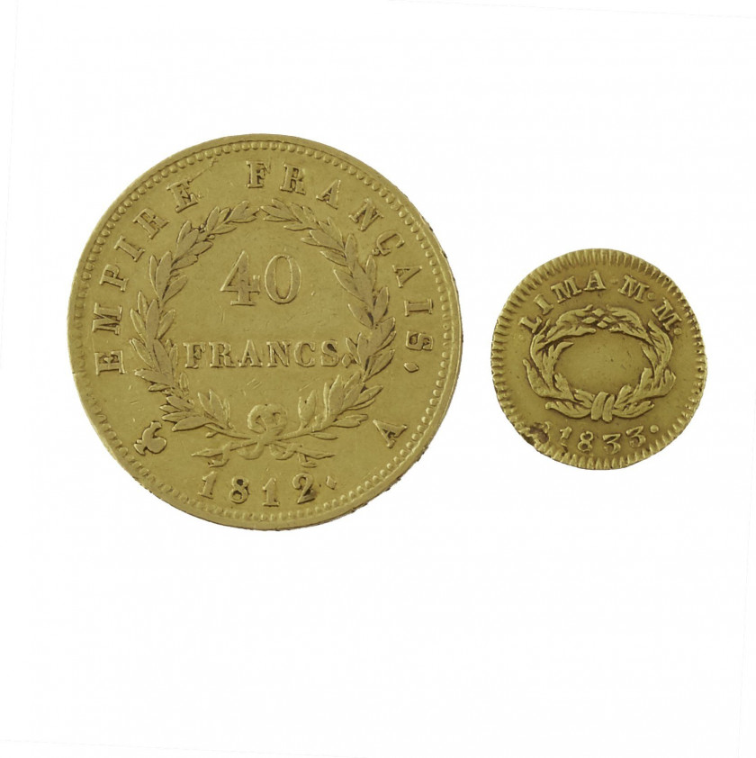 40 francs. Paris. 1812. (G. 1084). PEROU. ½ escudo. Lima. 1833. (Fr. 67a) (petit coup). Or. Ens. 2 p. Presque Très Beau.