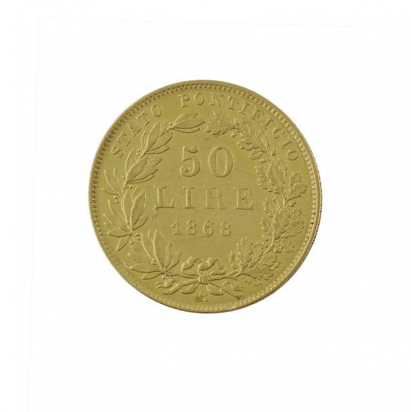 PIE IX (1846-1878). 50 lire. 1868. (Fr. 279, KM 1388). Or. Traces de monture sinon Très Beau. Rare.