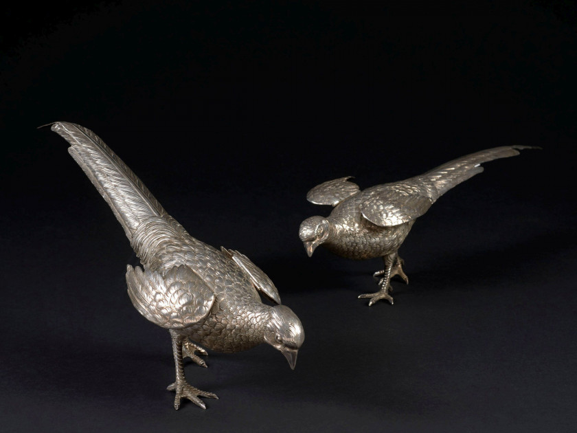 COUPLE DE FAISANS AU NATUREL EN ARGENT Orfèvre Maison Eschwege, XXe siècle