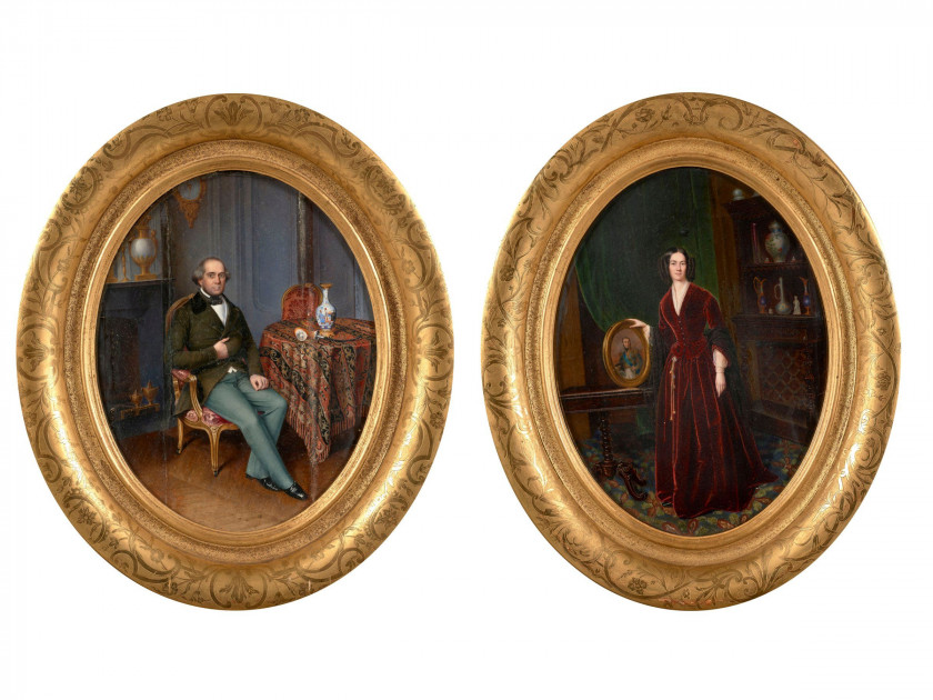 Alphonse BOURDIN Le Mans (?), actif entre 1841 et 1853 Portrait d'homme assis dans un intérieur et Portrait d'Eugénie de Coucy Deux...