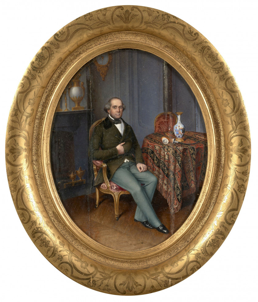 Alphonse BOURDIN Le Mans (?), actif entre 1841 et 1853 Portrait d'homme assis dans un intérieur et Portrait d'Eugénie de Coucy Deux...