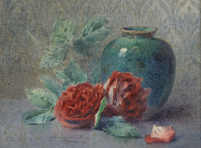 Blanche ODIN Troyes, 1865 - Bagnères-de-Bigorre, 1957 Deux roses et un vase bleu Aquarelle