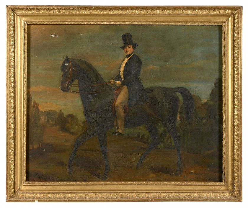 Ecole française du XIXe siècle  Homme à cheval Huile sur toile (toile d'origine)