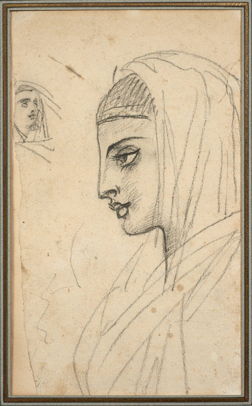 Antoine-Jean Gros, baron Gros Paris, 1771 - Meudon, 1835 Jeune Egyptienne de profil, un croquis de tête en haut à gauche, études pou...