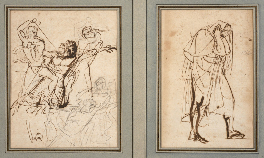 Antoine-Jean Gros, baron Gros Paris, 1771 - Meudon, 1835 Etudes pour Timoléon et Timophane Plume et encre brune sur traits de crayon...