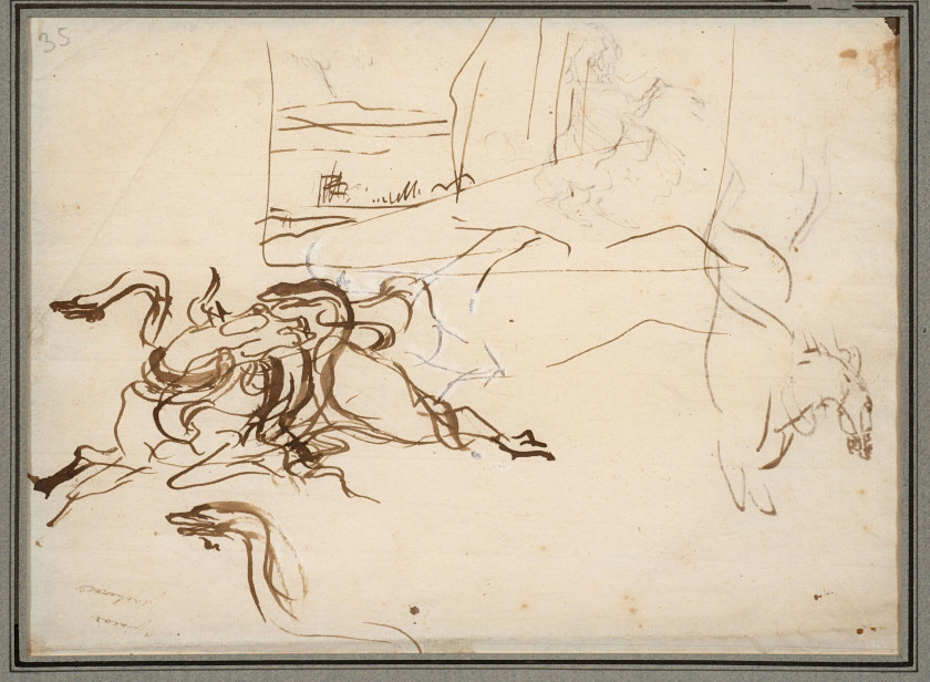 Antoine-Jean Gros, baron Gros Paris, 1771 - Meudon, 1835 Recto : Buffle attaqué par deux serpents, étude de cheval et de paysage ; V...