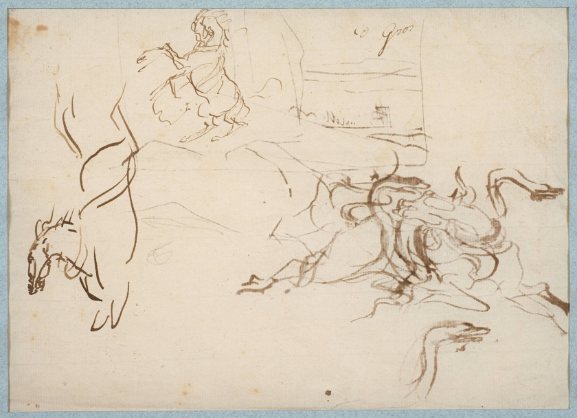 Antoine-Jean Gros, baron Gros Paris, 1771 - Meudon, 1835 Recto : Buffle attaqué par deux serpents, étude de cheval et de paysage ; V...