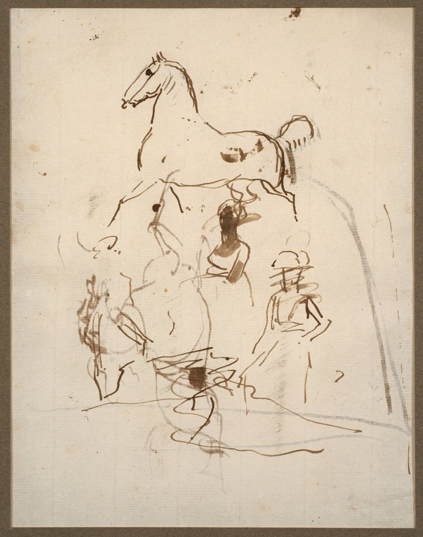 Antoine-Jean Gros, baron Gros Paris, 1771 - Meudon, 1835 Etude de chevaux et de personnages (recto et verso) Plume et encre brune