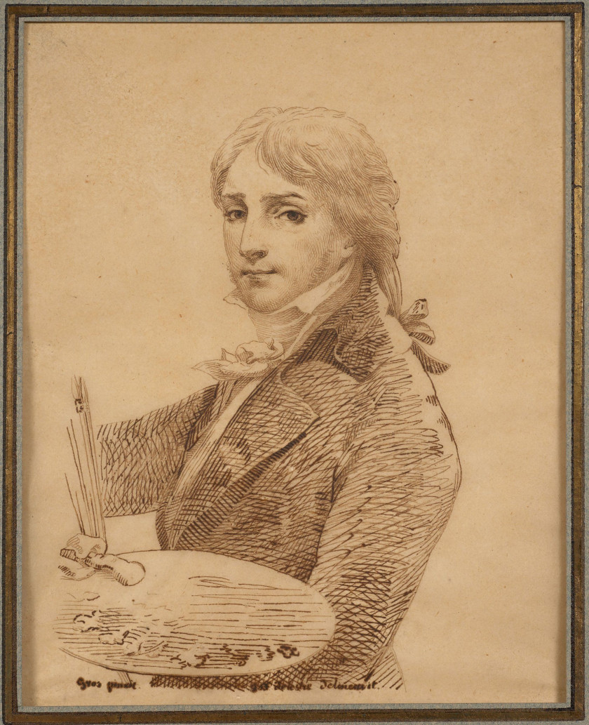 Jean-Baptiste Delestre Lyon, 1800 - Paris, 1871 Autoportrait de l'artiste à 36 ans, d'après Antoine-Jean Gros Plume et encre brune s...