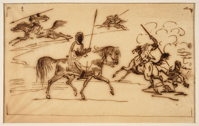 Jean-Baptiste Delestre Lyon, 1800 - Paris, 1871 Etudes de cavaliers arabes et Personnages orientaux et chevaux Deux dessins à la plu...