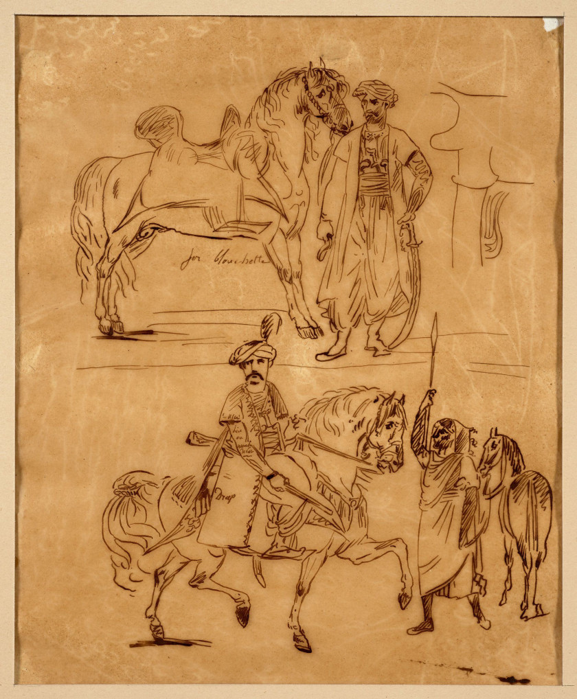 Jean-Baptiste Delestre Lyon, 1800 - Paris, 1871 Etudes de cavaliers arabes et Personnages orientaux et chevaux Deux dessins à la plu...
