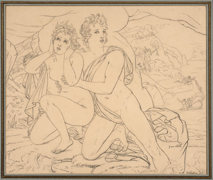 Jean-Baptiste Delestre Lyon, 1800 - Paris, 1871 Les bergers d'Arcadie et Acis et Galatée, d'après Antoine-Jean Gros Deux dessins, l'...