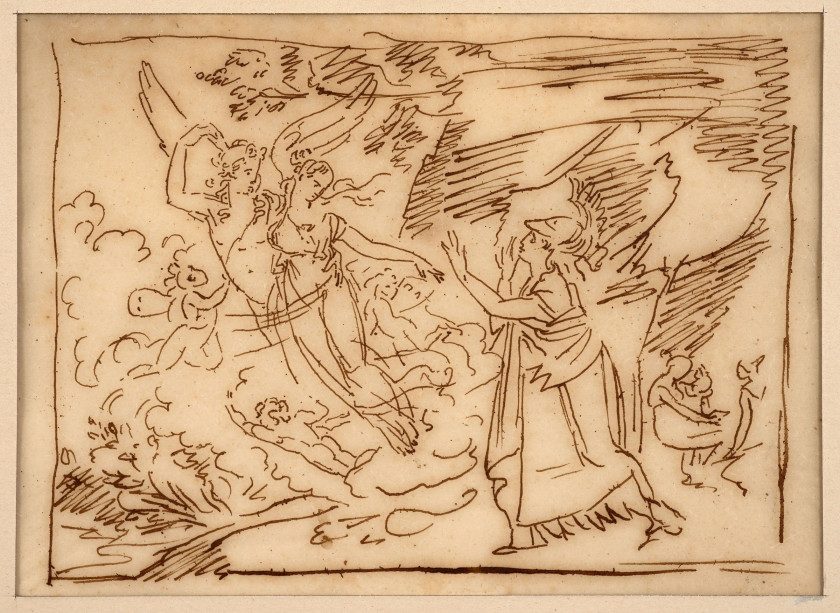 Jean-Baptiste Delestre Lyon, 1800 - Paris, 1871 L'Amour enlevant une élève de Minerve ; Feuille d'études : buffle attaqué par deux s...