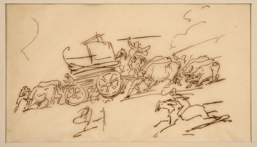 Jean-Baptiste Delestre Lyon, 1800 - Paris, 1871 L'Amour enlevant une élève de Minerve ; Feuille d'études : buffle attaqué par deux s...