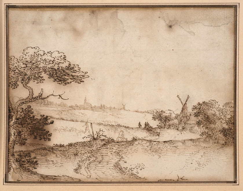 Claes Jansz. Visscher Amsterdam, vers 1587 - 1652 Recto : Vue du château d'Abcoude ; Verso : Paysage au moulin Plume et encre brune