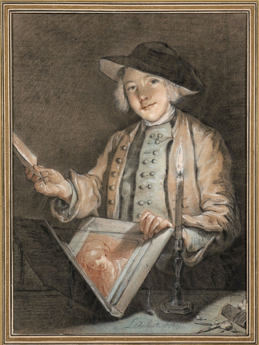 Louis Aubert Paris, 1720 - après 1798 Le jeune amateur de dessins Pastel, rehauts de gouache et crayon noir