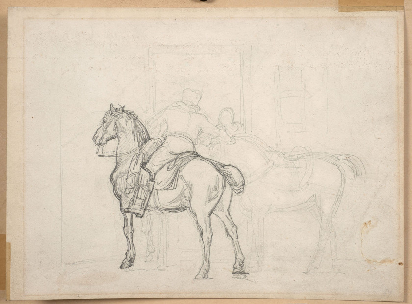 Théodore Géricault Rouen, 1791 - Paris, 1824 Recto : Etudes pour un naufragé du " Radeau de la Méduse " et croquis de cavalier ; Ver...