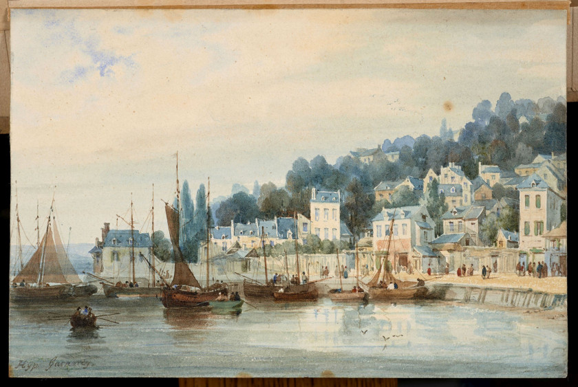 Hippolyte Jean Baptiste Garneray Paris, 1787 - 1858 Vue présumée d'un port du pays de Caux Aquarelle