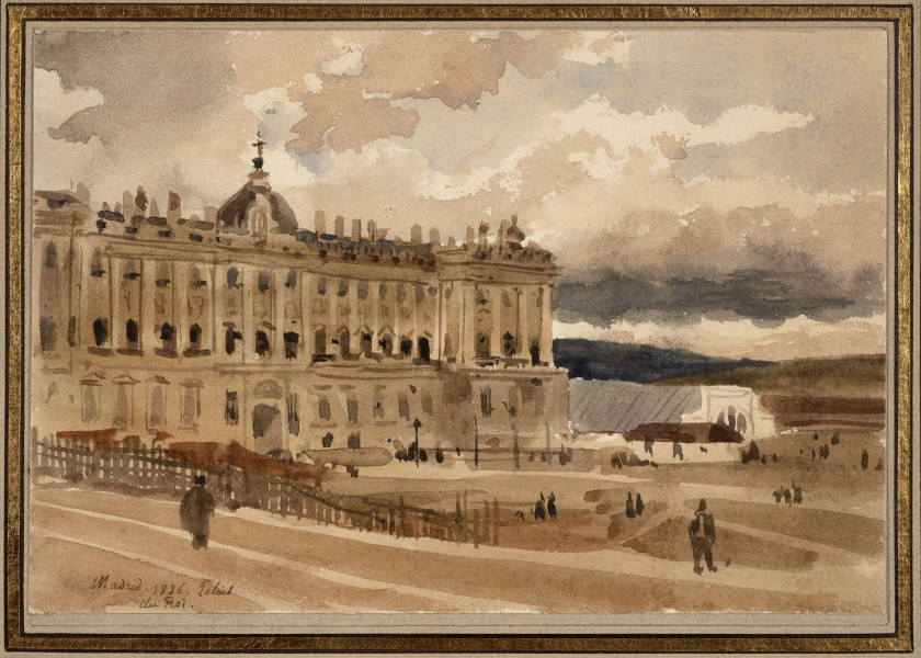 Adrien Dauzats Bordeaux, 1804 - Paris, 1868 Vue du Palacio Real à Madrid Aquarelle sur trait de crayon noir