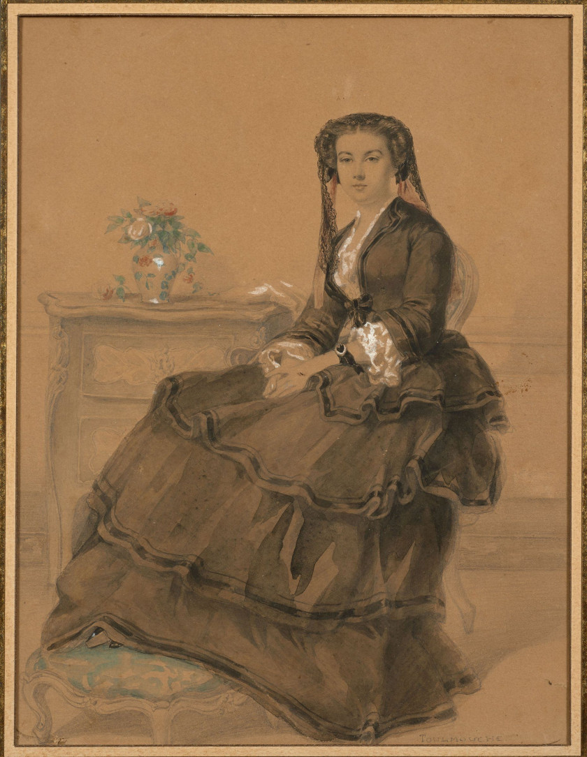 Auguste Toulmouche Nantes, 1829 - Paris, 1890 Portrait de femme assise dans un intérieur Aquarelle et rehauts de gouache blanche sur...