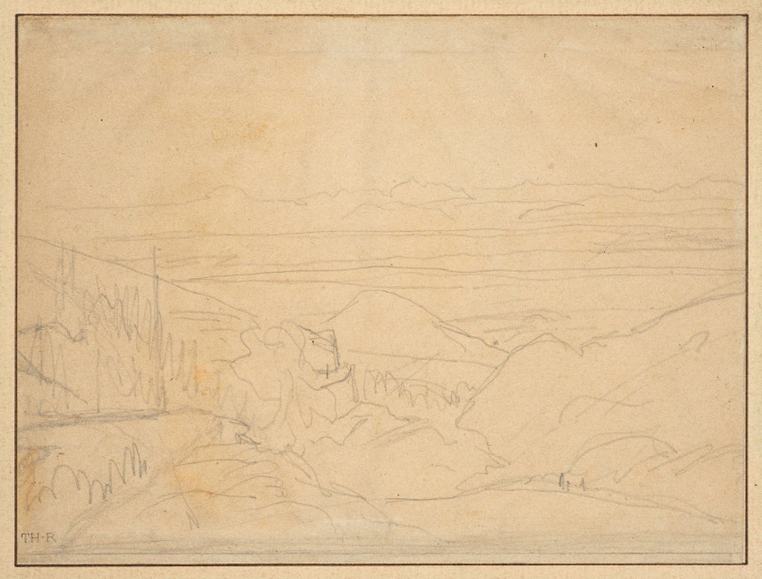 Théodore Rousseau Paris, 1812 - Barbizon, 1867 Le mont Blanc vu du col de la Faucille Crayon noir