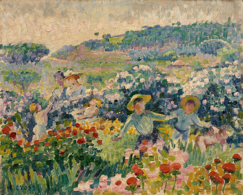 Henri Edmond CROSS 1856 - 1910 La haie de roses - 1904 Huile sur carton toilé