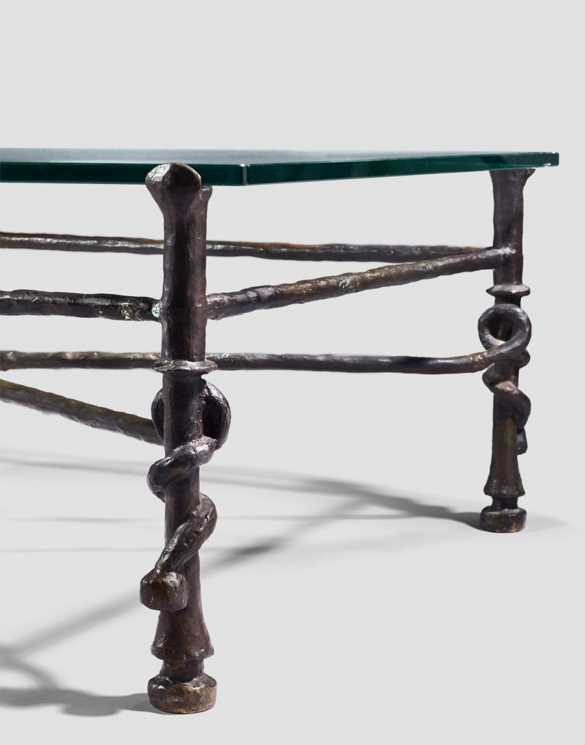 Diego GIACOMETTI 1902 - 1985 Table "torsade" Bronze à patine brun vert