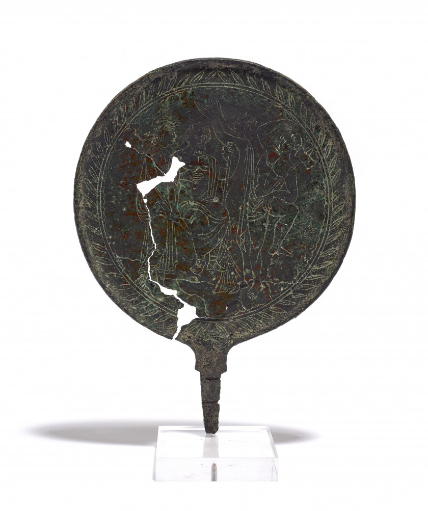 MIROIR EN BRONZE, ART ÉTRUSQUE, 4e-3e SIÈCLE AV.J.C.