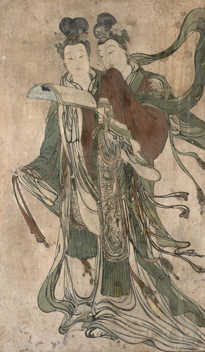 FRAGMENT DE FRESQUE EN STUC POLYCHROME, ENCADRÉ, CHINE, DYNASTIE SONG-YUAN, XIIIe-XIVe SIÈCLE