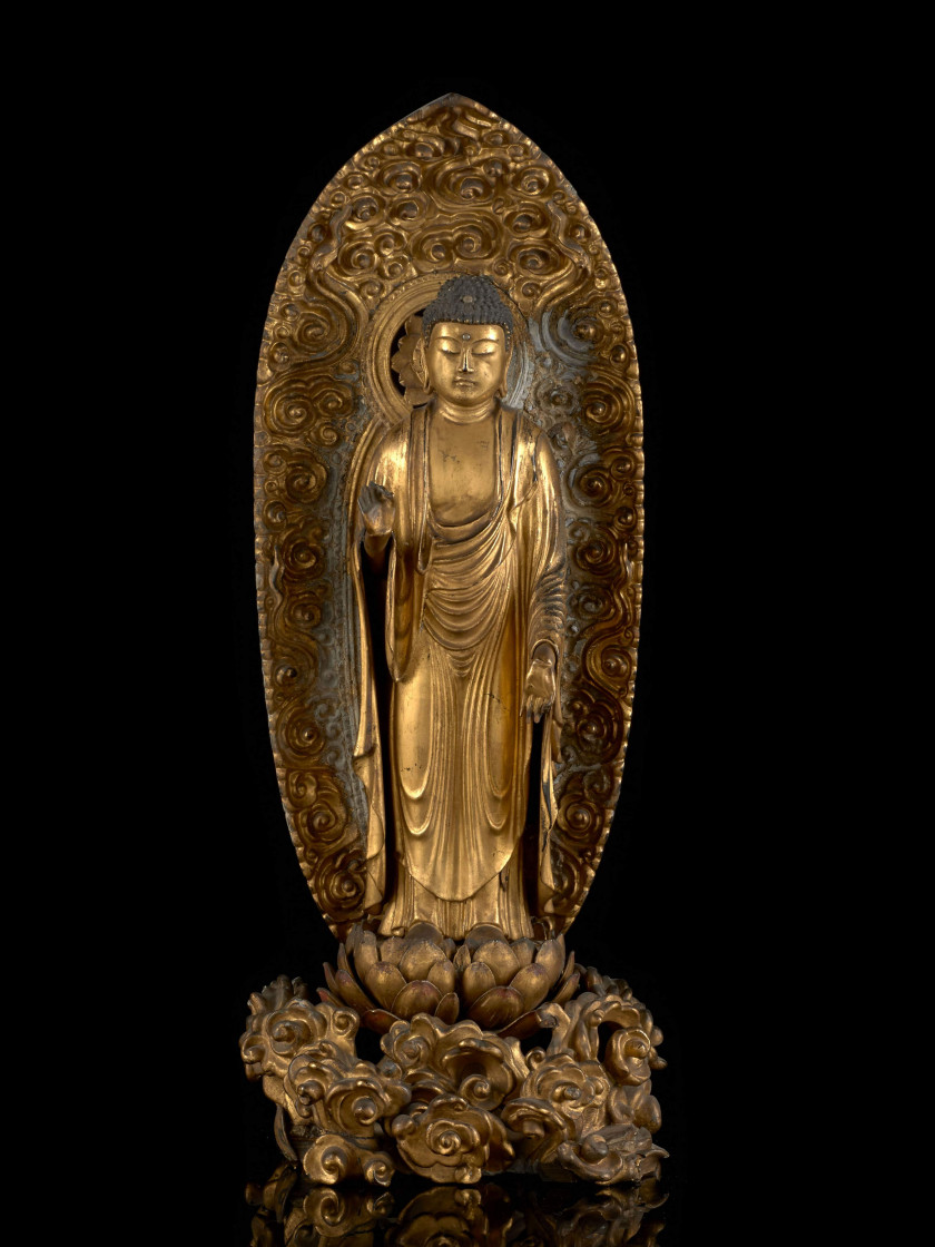 STATUE DE BOUDDHA EN BOIS LAQUÉ OR, JAPON, ÉPOQUE EDO, XIXe SIÈCLE